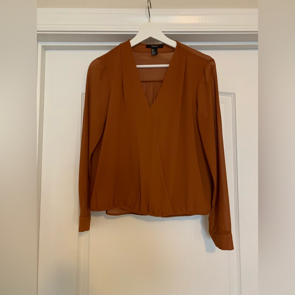Brown Forever 21 V-Cut Neck Blouse
